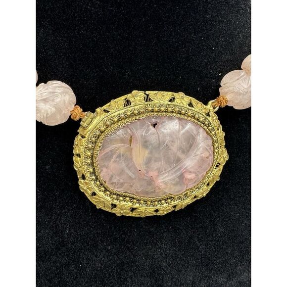 Vintage Antique Carved Rose Quartz Gold Tone Ornate Filigree Collar Necklace 14” - Picture 3 of 14
